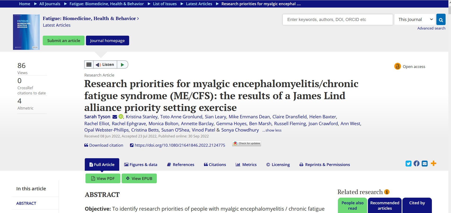 The Top Ten+ ME/CFS Research Priorities are published in a peer-reviewed journal